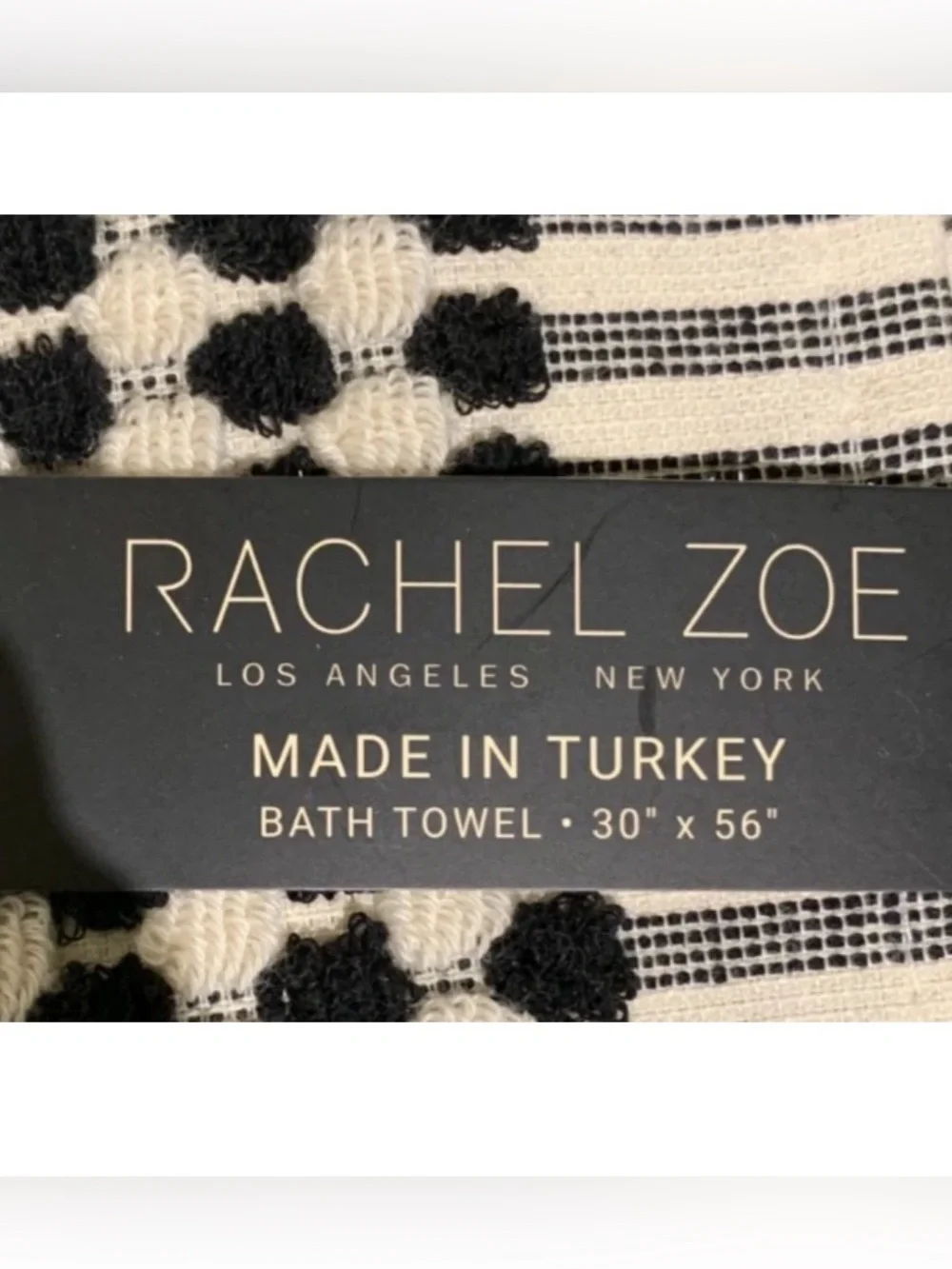 2 Rachel Zoe Black Ecru Raised Dots Bath 30” x 56” Towels Set of 2 New